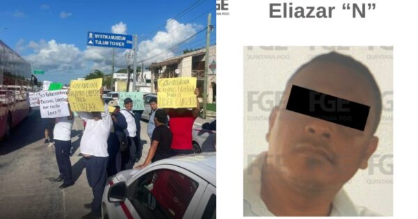 Taxistas se manifiestan en Tulum para exigir la liberación de su líder sindical detenido